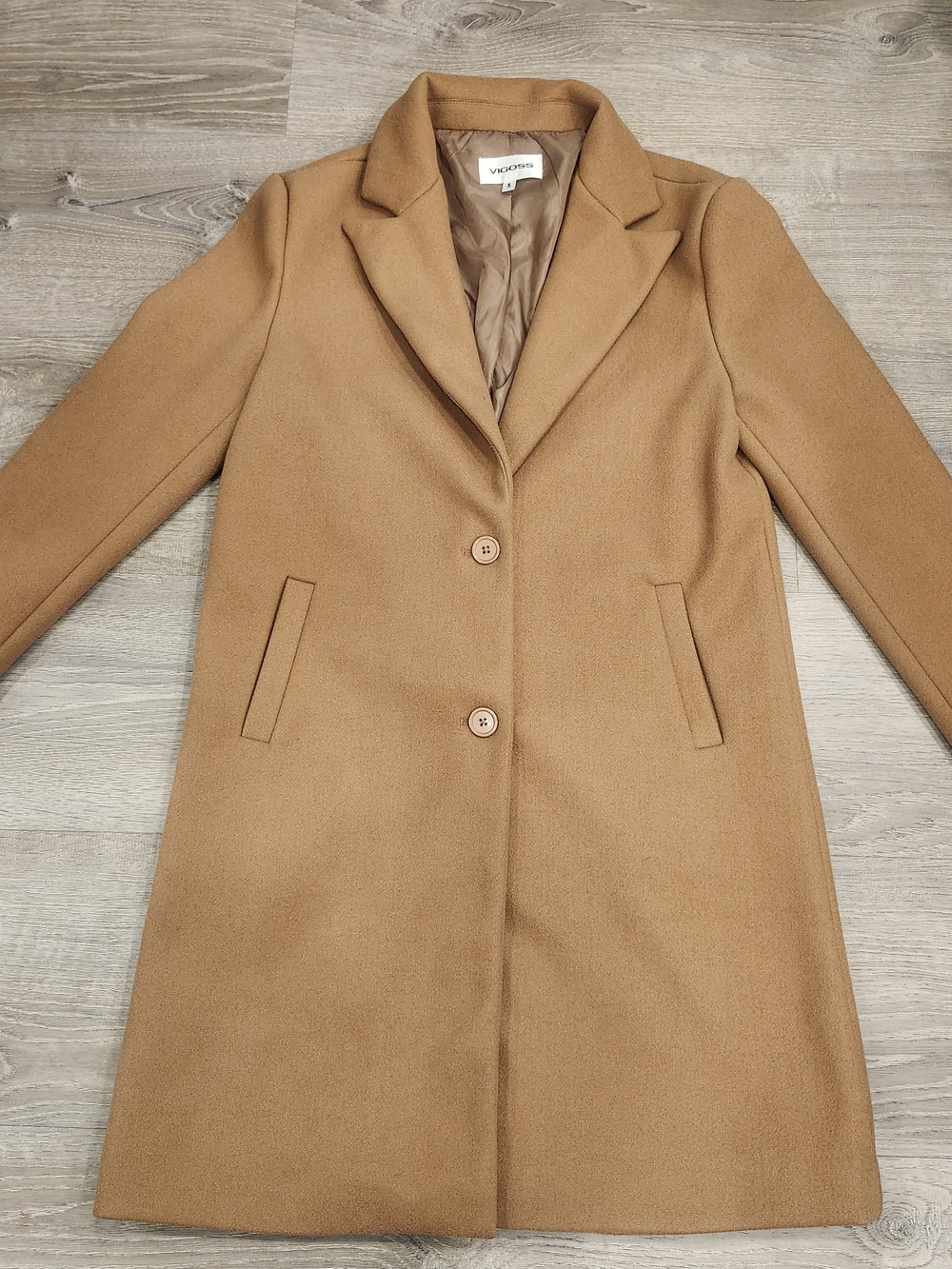 Size S VIGOSS Camel Overcoat with Button, Pockets Accents Women